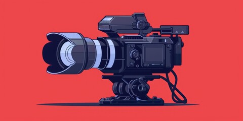 Wall Mural - A camera mounted on a tripod against a red background, ready for use