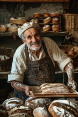 Poster - A person wearing an apron and hat standing next to a table filled with various types of bread