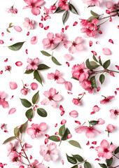 Wall Mural - fly falling sakura almond flowers and leaves on white background