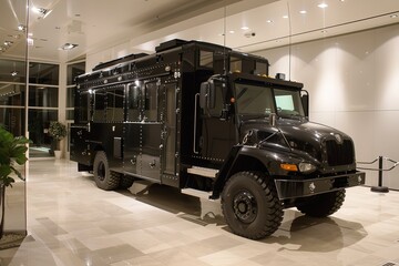 a large black armored vehicle on display in a building
