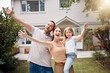 © peopleimages.com - Portrait, happy family or kid in backyard at new house, real estate and garden in residential neighborhood. Proud mother, excited father and child with smile outside for property investment on lawn