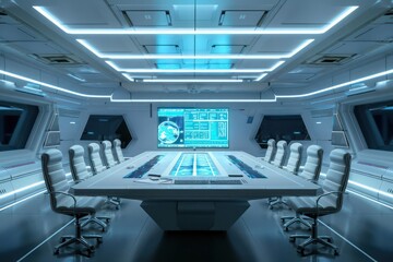 A futuristic, minimalist conference room with a single, slim control panel managing all digital presentations and communications