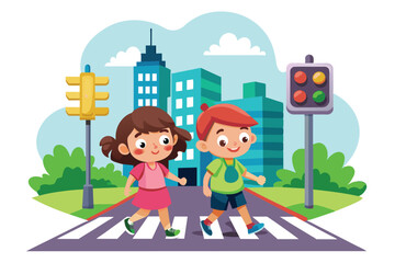 Wall Mural - illustration of a child crossing the road