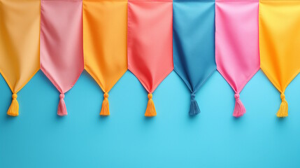 Wall Mural - Colorful tassel bunting on blue background, concept for celebration and decoration