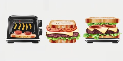 Wall Mural - A toaster with a freshly baked sandwich and condiments, ideal for a quick snack or meal