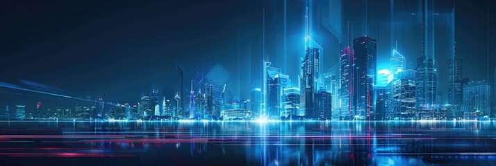 Wall Mural - Wide banner with hologram showing a futuristic city skyline at night. Wide banner hologram