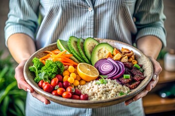 Healthy eating. Plate with vegan or vegetarian food in woman hands. Healthy plant based diet. Healthy dinner. Buddha bowl with fresh vegetables