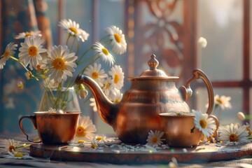 Canvas Print - A simple table setting with a tea pot and two cups