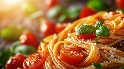 a close-up of vibrant spaghetti adorned with fresh basil leaves and juicy cherry tomatoes captures t