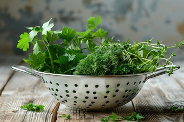 Sticker - A colander filled with fresh herbs sits on a wooden table