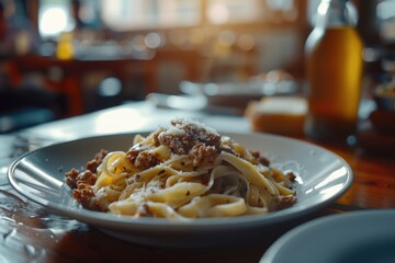 Wall Mural - A plate of pasta with meat and cheese on a table