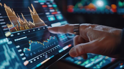 An investor s hand interacting with an augmented reality portfolio management tool