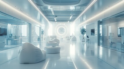 Poster - Interactive IT co-working in white and blue tones with media content high detailed. Generative AI.