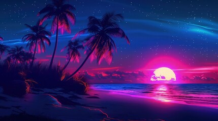 Poster - Futuristic night landscape with neon abstract sunset. Coconut trees silhouette on the beach at night. Neon palm tree abstract light.