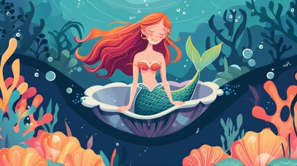 Wall Mural - Beautiful mermaid in shell in deep sea.