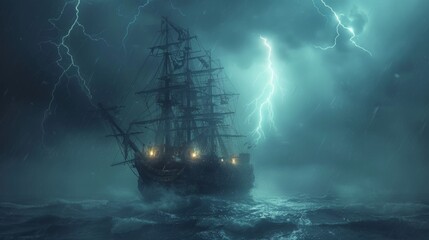 Wall Mural - Sailing ship in sea water in rain thunderstorm.