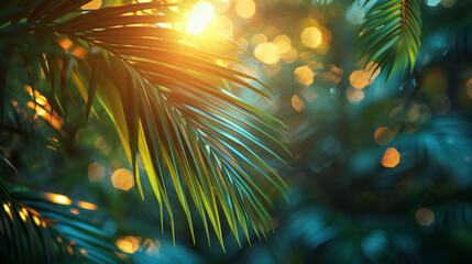 Wall Mural - blur beautiful nature green palm leaf on tropical beach with bokeh sun light wave abstract backgroun