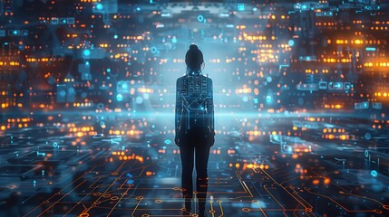 Leinwandbilder - A office person cheerfully looking at a path, with ai on the screen, presenting AI future potential in the business world by creating a journey for the customer. Generative AI.