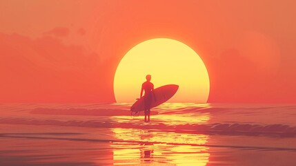 Wall Mural - A surfer carrying a surf board standing on tropical beach with glowing sun