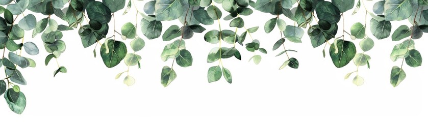Wall Mural - Nature-themed border with hanging green leaves isolated on white background, perfect for decorative designs and natural illustrations.