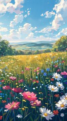 Wall Mural - A cheerful background of a wide field filled with colorful wildflowers under a sunny sky