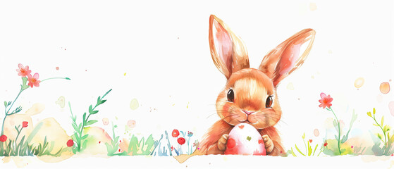 Wall Mural - Very cute easter bunny with easter egg and copy space