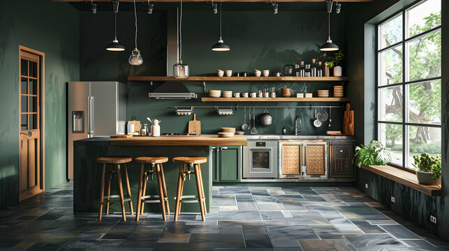 A rustic modern kitchen featuring dark green walls, slate floors, and farmhouse appliances