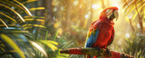 A colorful parrot perched on a tropical fruit, its feathers shimmering in the sunlight.