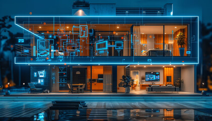 Wall Mural - a smart home with various connected devices and digital holographic blueprints on the walls, representing modern technology in house architecture