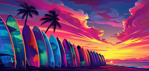 Wall Mural - Closeup view of surfing board on tropical beach with coconut tree