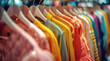 © visoot - Hangers clothing colorful concept, shop boutique, Women fashion store clothes dress rack hanging, luxury. copy space. Generative AI.