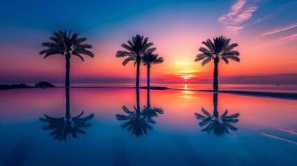 Wall Mural - Palm tree silhouette with water reflection at sunset