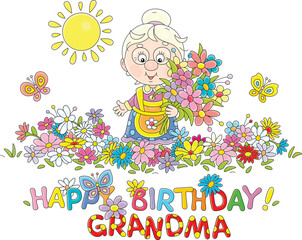 Wall Mural - Happy birthday grandma card with a funny grandmother in a traditional dress holding a bouquet of beautiful flowers and merry butterflies fluttering around her summer garden, vector cartoon