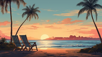 Wall Mural - illustration of a tranquil morning summer beach scene with palm trees