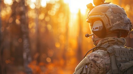 Military figure in uniform with a focus on the helmet, displaying the theme of duty and defense in the evening light