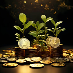 plants growing from gold coins. indicating that true wealth is sustainable. a harmonious blend of natural growth and financial prosperity