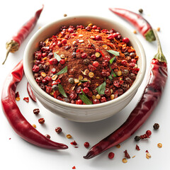 Wall Mural - A bowl of red peppers and spices with a green leaf on top.