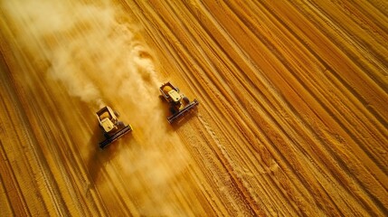 Canvas Print - Aerial view of combine harvester machine working in wheat field farm land.