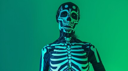 A person dressed in a skeleton costume stands in front of a green background