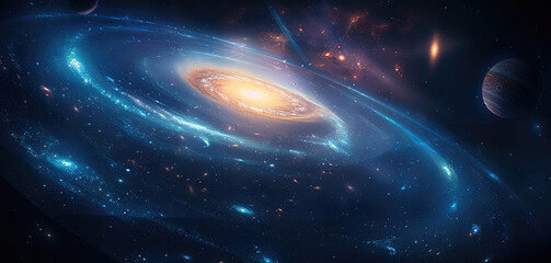 Aufkleber - Two blue galaxies swirl around each other, with many small white and cyan planets flying in front of them. overall color dark blue, creating an atmosphere full of mystery and grandeur. Generative AI.