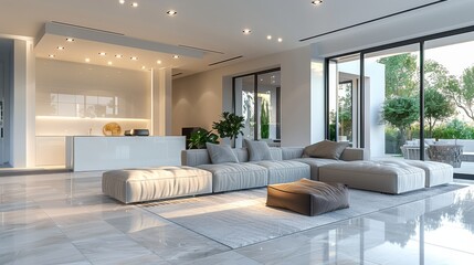 Fototapete - Modern smart home with light furniture and grey floor. Generative AI.