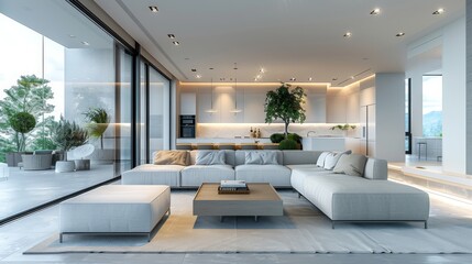 Poster - Modern smart home with light furniture and grey floor. Generative AI.