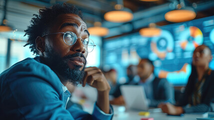 Leinwandbilder - A bustling office with diverse employees collaborating around a conference table, with charts and laptops in the background. Generative AI.