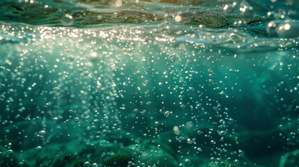 Wall Mural - Bubbles and bokeh underwater in clear green ocean of California