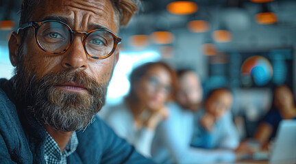 Leinwandbilder - A bustling office with diverse employees collaborating around a conference table, with charts and laptops in the background. Generative AI.