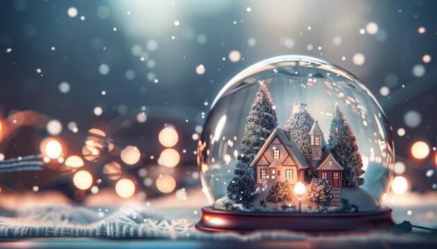 A festive home beautifully decorated for Christmas inside a snow globe, perfect for holiday and New Year decor.