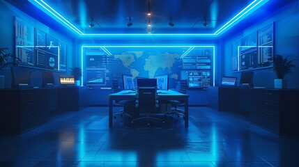 In an empty office there is a table with a computer. There are displays on the wall. On the displays there is text, chat, and graphics. Mysterious, dark blue background. Generative AI.