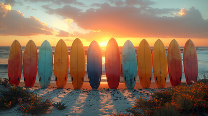 Wall Mural - Surfboards lined up on the beach at sunset