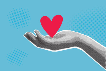 heart on the palm, charity illustration, trendy halftone magazine style, vector banner