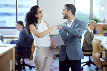Leinwandbilder - Happy, business people and support with fist bump in office for partnership, trust and help in career. Workplace, motivation and man with gesture to woman for agreement, success and deal at company